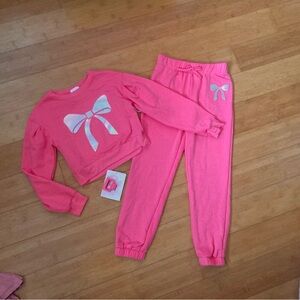 NWT Girls Size 10 Pink Bows Sweats Outfit - Crewneck Top & Joggers Pants